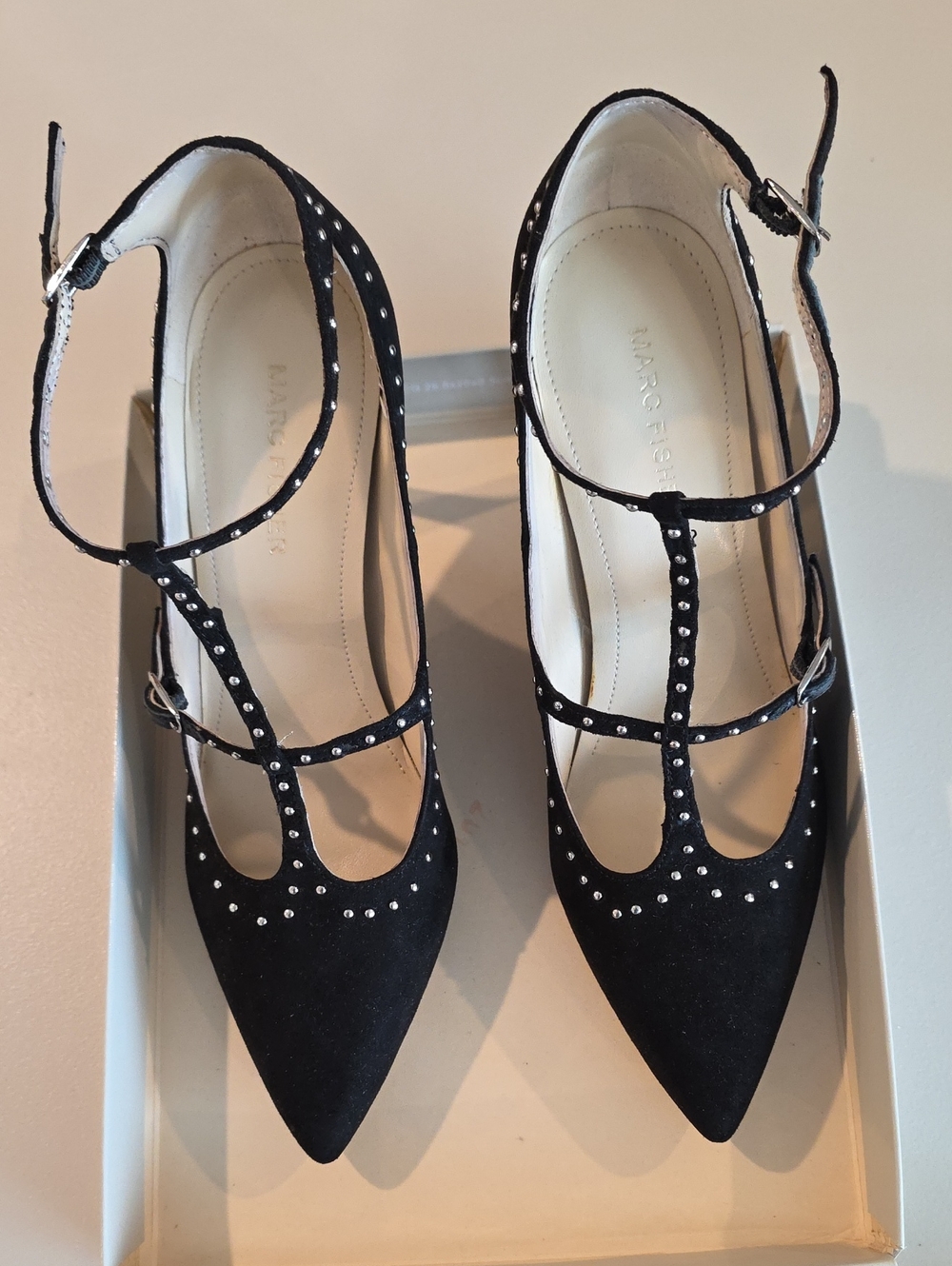 Marc Fisher Black Suede Studded T-Strap Pointed Heels